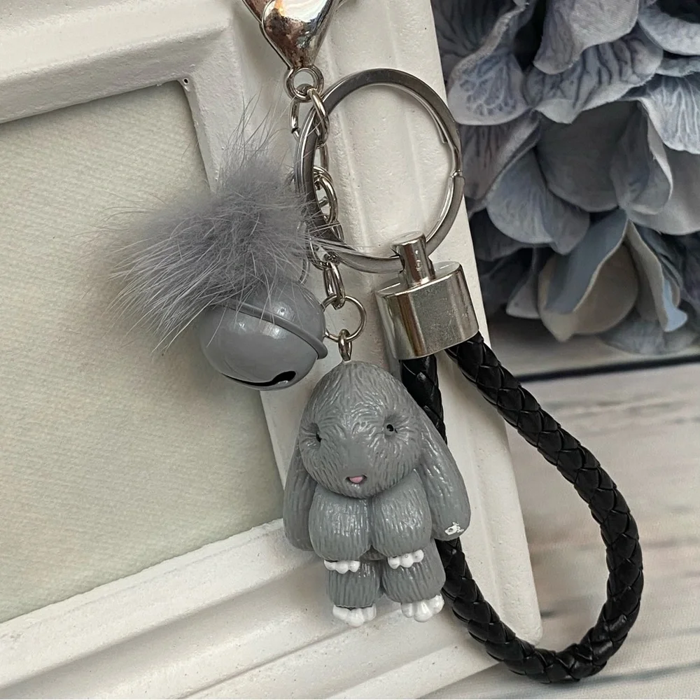 Gray Bunny Charm Keychain with Wristlet Strap - Picture 1 of 13